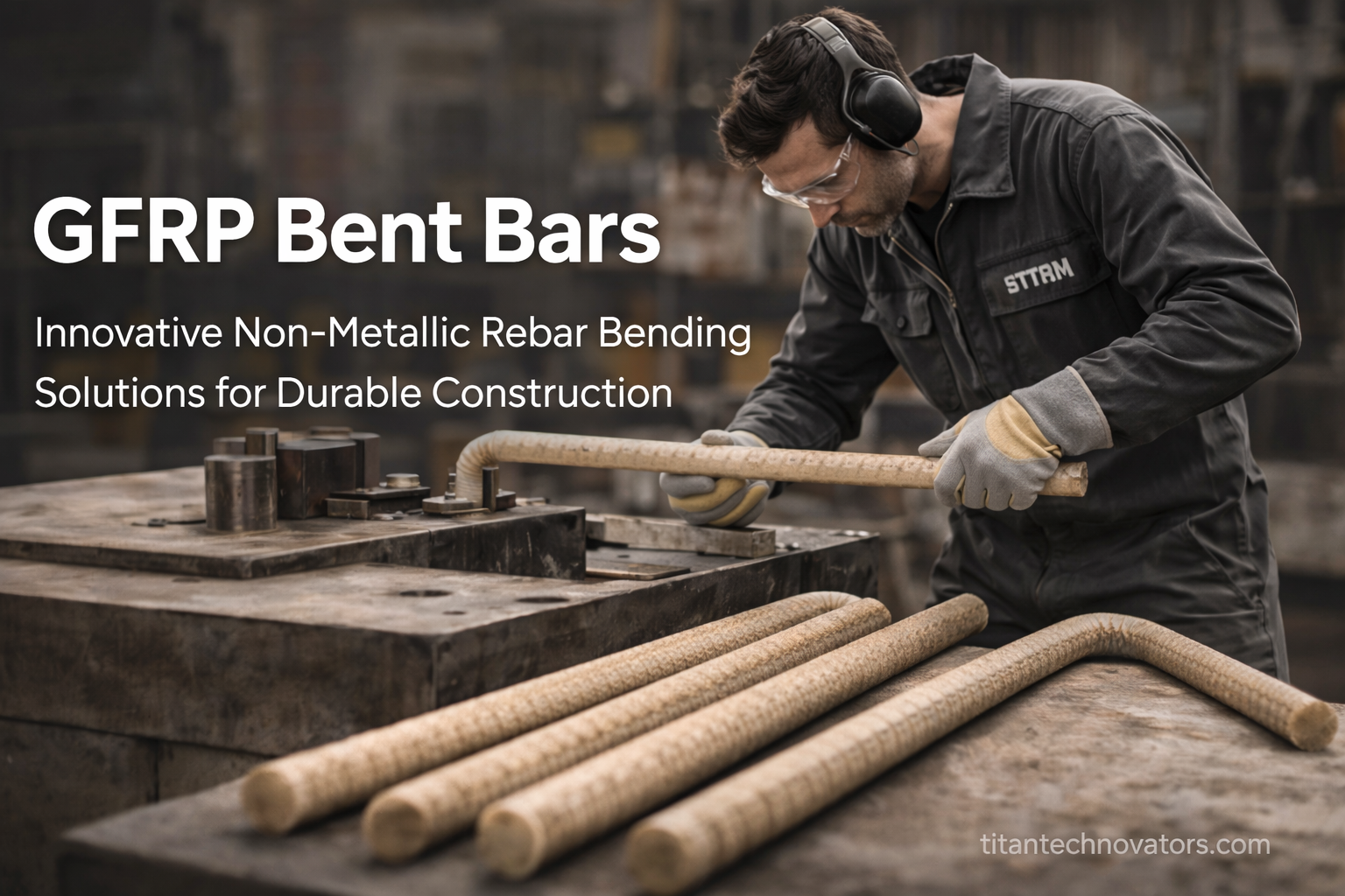 Worker bending GFRP bent bars using non metallic rebar bending solutions for durable construction