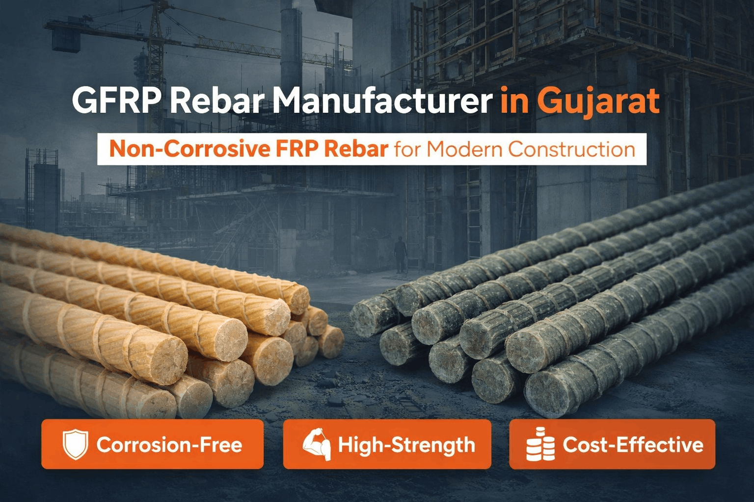 GFRP rebar manufacturer in Gujarat showing non corrosive fiberglass rebar for construction with high strength and durable composite reinforcement