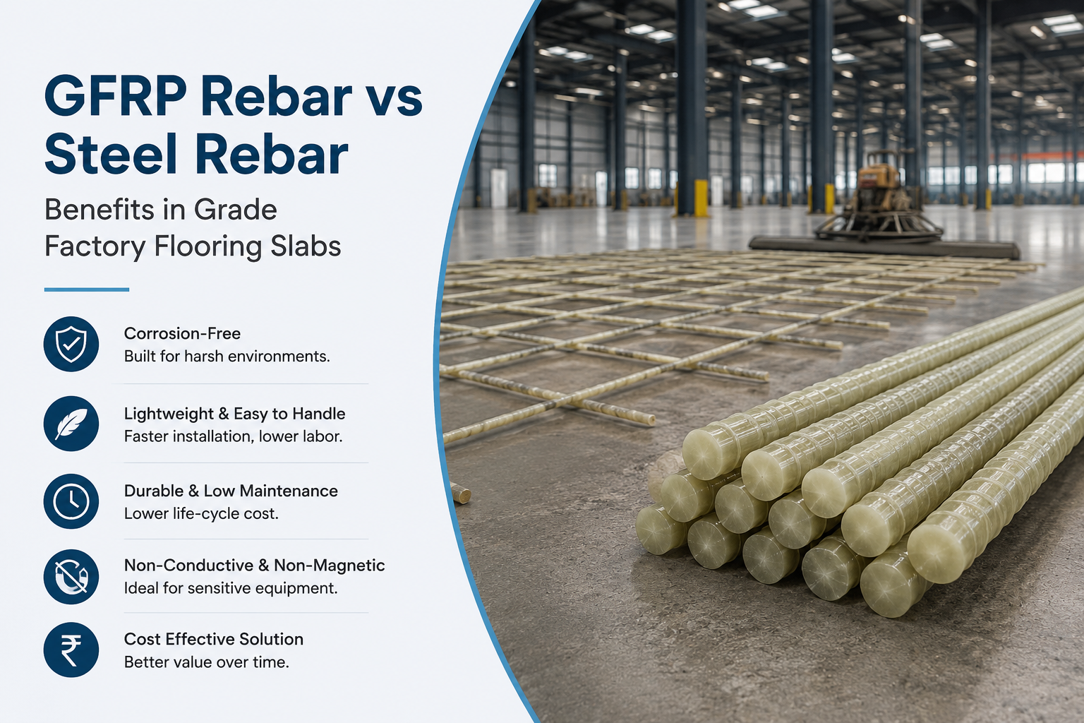 GFRP rebar vs steel rebar for factory flooring slabs